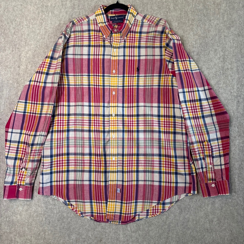 Ralph Lauren Button Down Mens XL Vtg 90s Hand Woven Madras Plaid Singapore